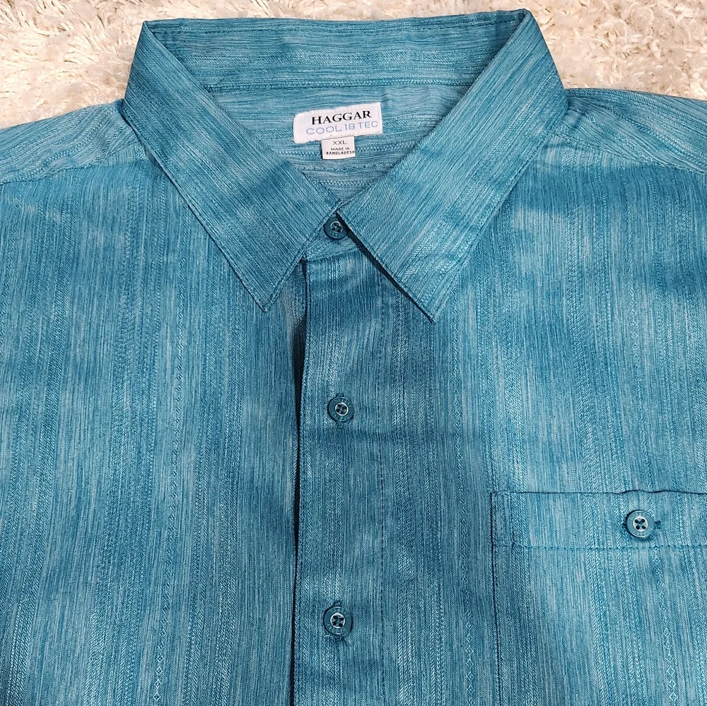 Haggar Mens Teal Peacock Mens Short Sleeve Cool 18 Tec Dress Shirt XXL - Picture 4 of 7